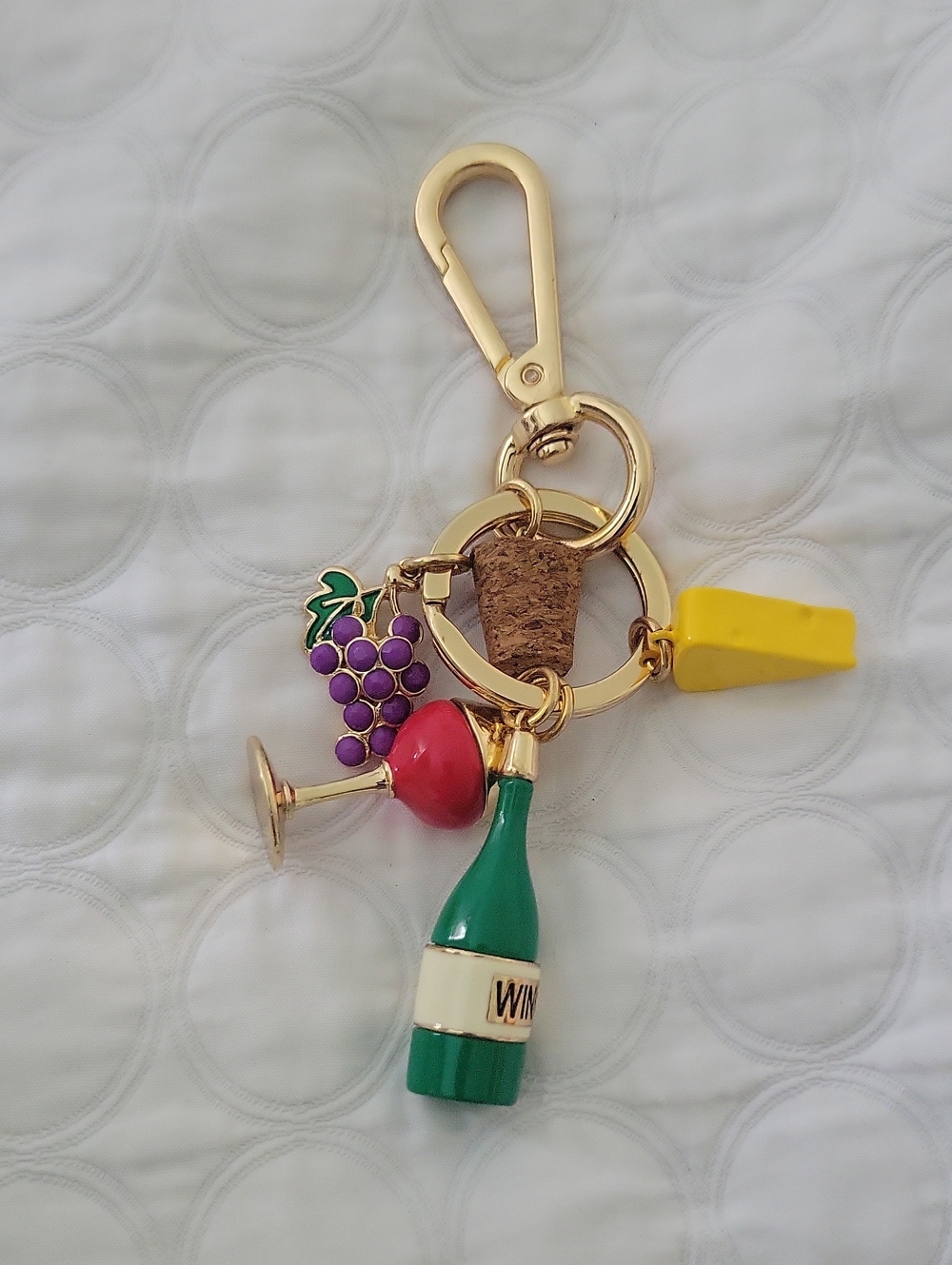 Gold-Tone Wine & Cheese Charm Keychain - Green, Purple, Yellow
